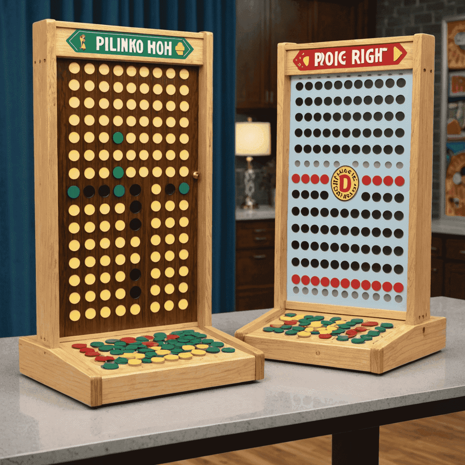 A split image showing the original Plinko board from The Price is Right on the left, and a modern tabletop version of Plinko on the right