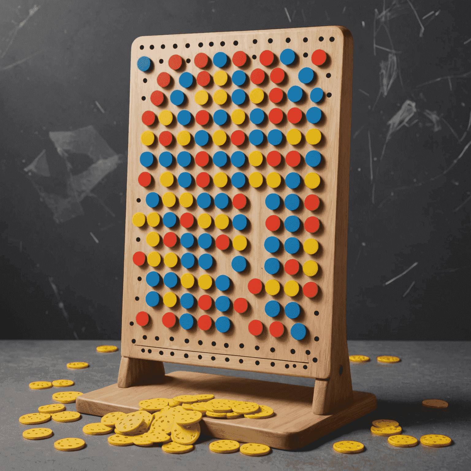 A Plinko board with chips falling through pegs, demonstrating various drop trajectories and landing positions