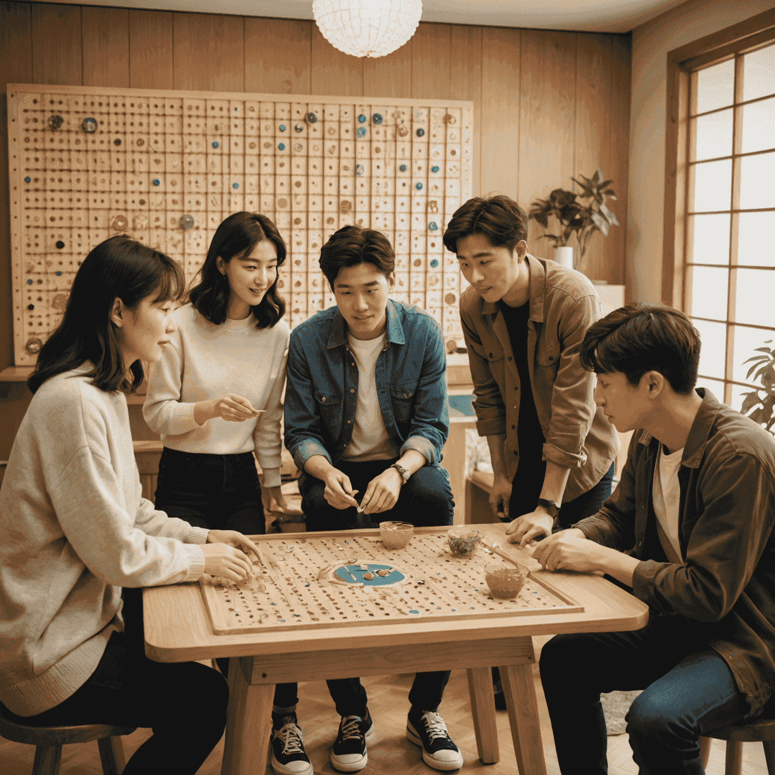 A group of friends gathered around a Plinko board in a Korean-style living room, with traditional snacks and decorations visible