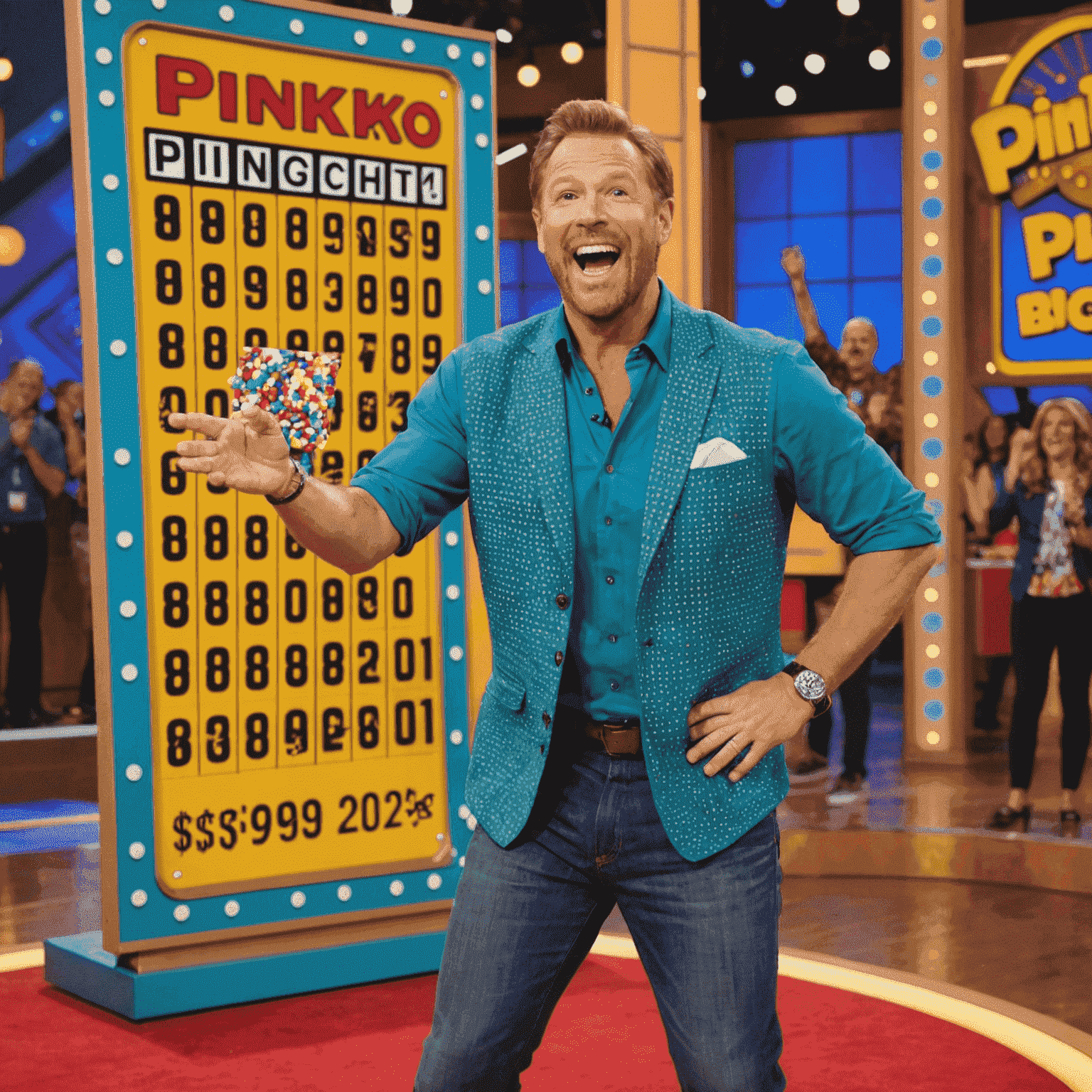 An excited contestant dropping a Plinko chip on The Price is Right stage, with the iconic Plinko board in the background