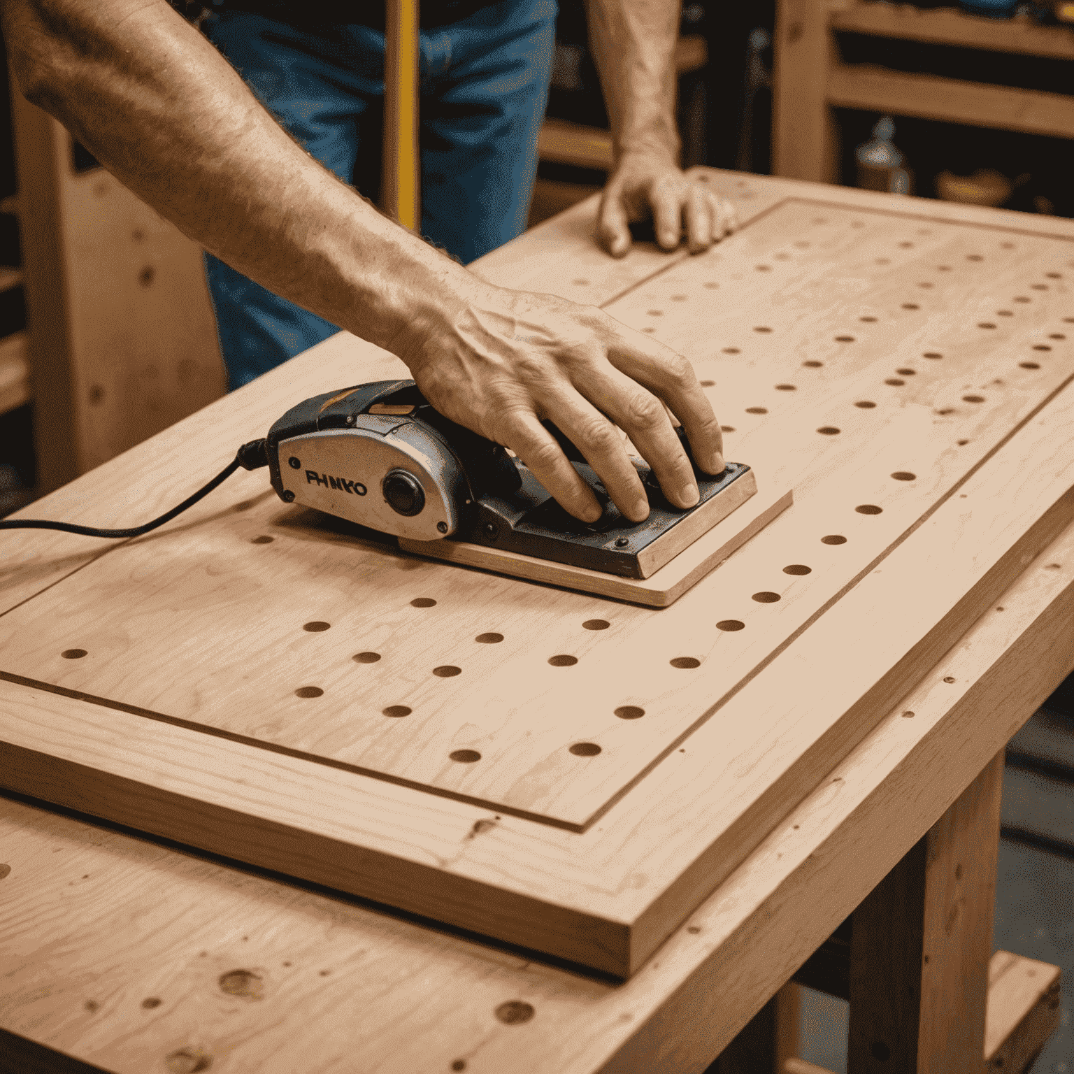 A wooden board being sanded and prepared for the Plinko game construction