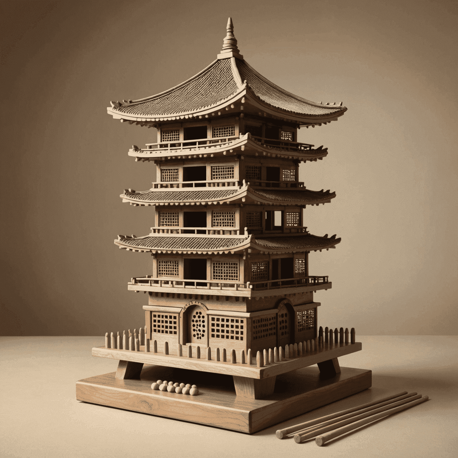 A custom-made Plinko board designed to look like a Korean pagoda, with traditional yut sticks used as game pieces