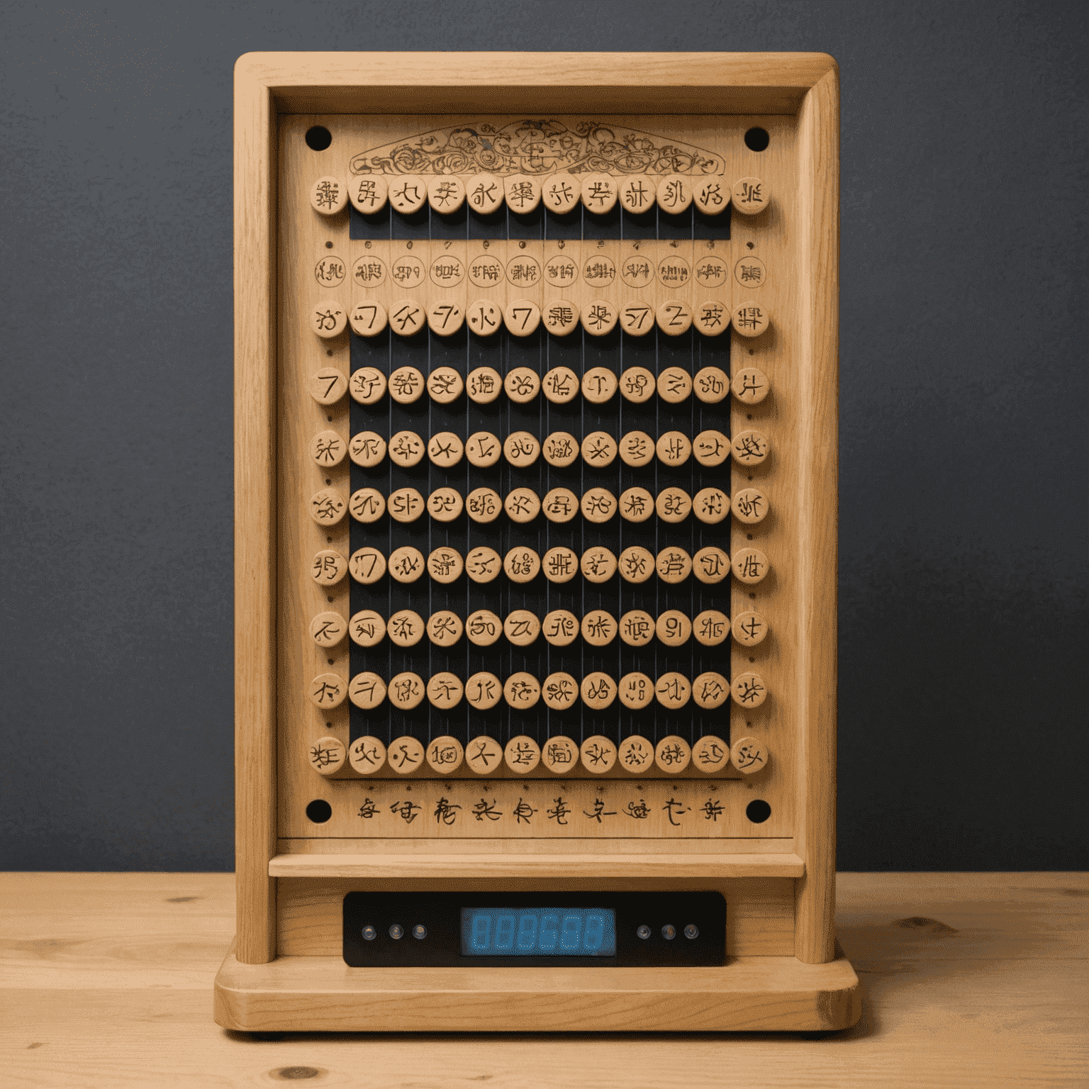 A Japanese Plinko board with intricate designs, multiple pins, and electronic scoring display