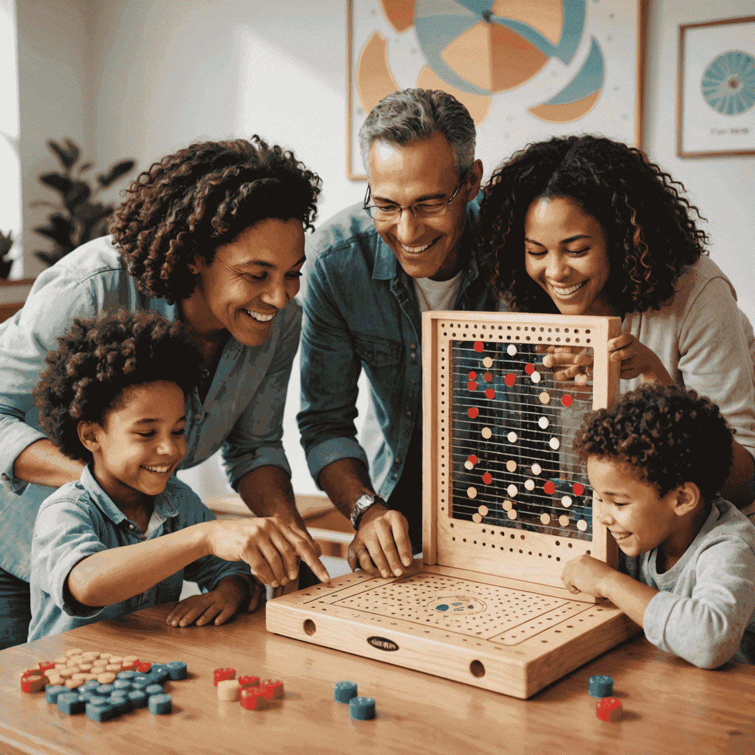 A family gathered around a tabletop Plinko game, with smiling faces and hands reaching for the game pieces