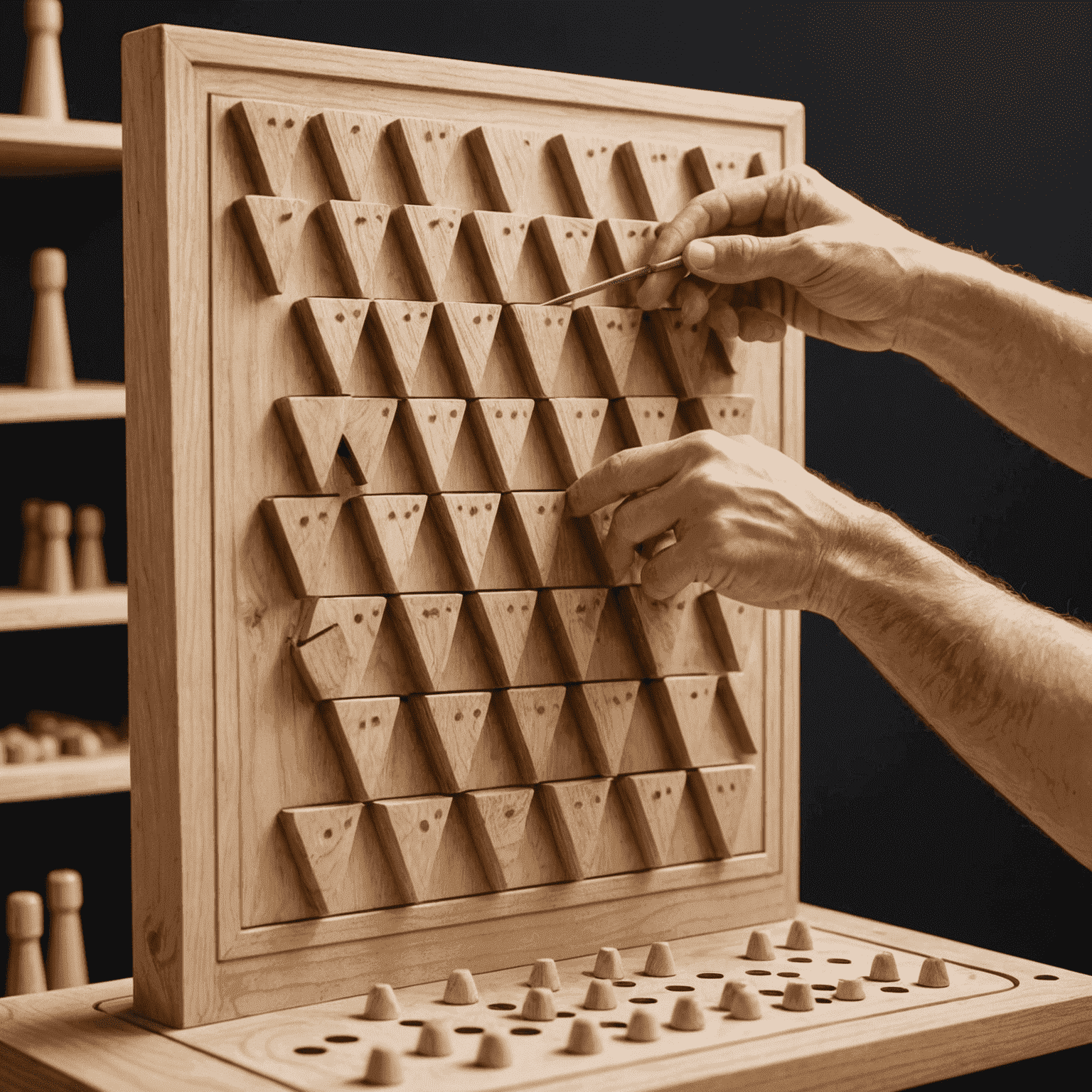 Wooden pegs being inserted into drilled holes on the Plinko board, showcasing the triangular pattern