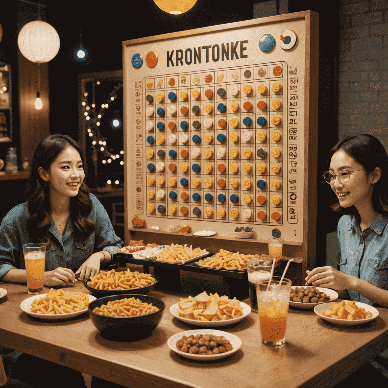 A table spread with Korean snacks and drinks next to a Plinko board, with friends enjoying the party atmosphere