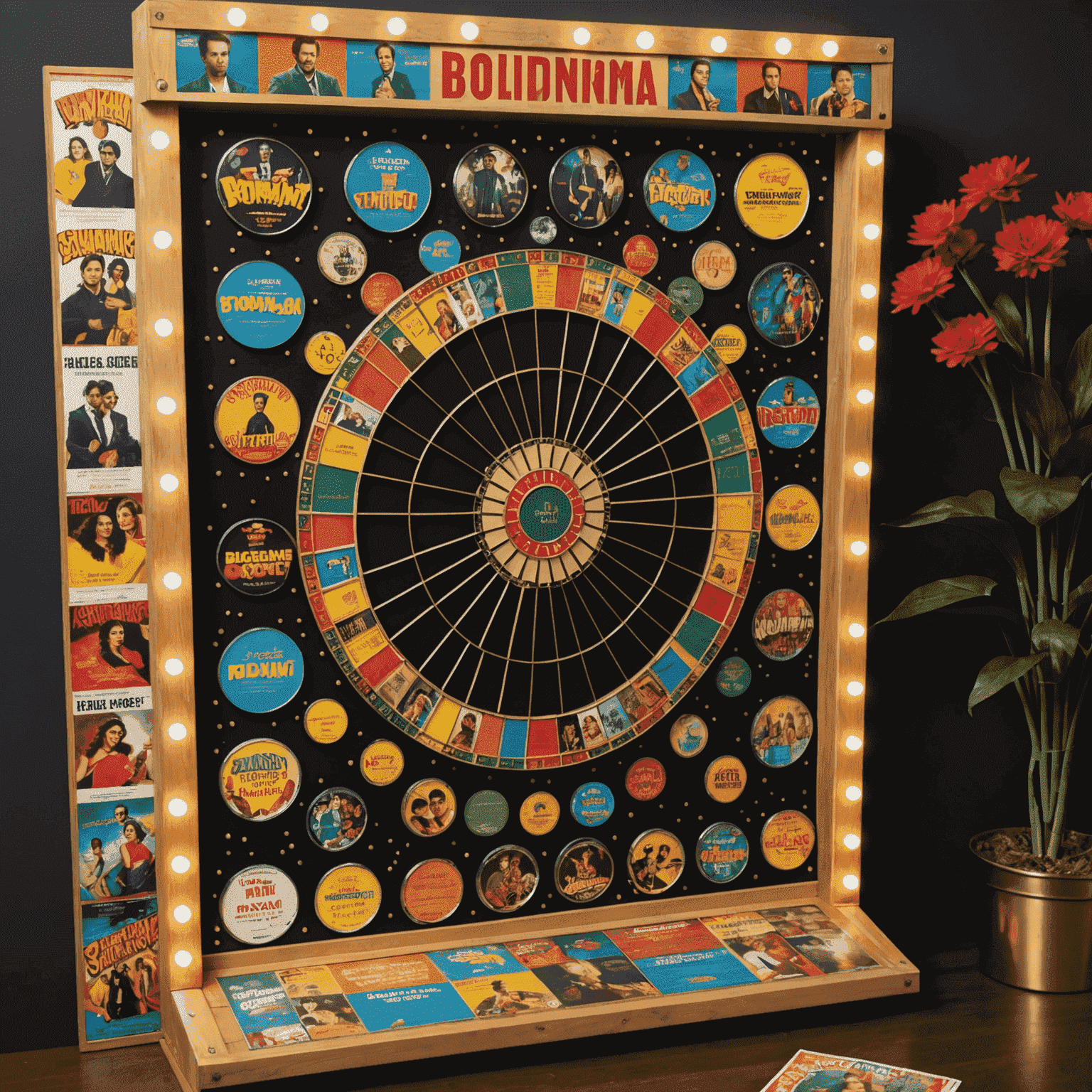 An Indian Plinko board decorated with Bollywood movie posters and glittering discs