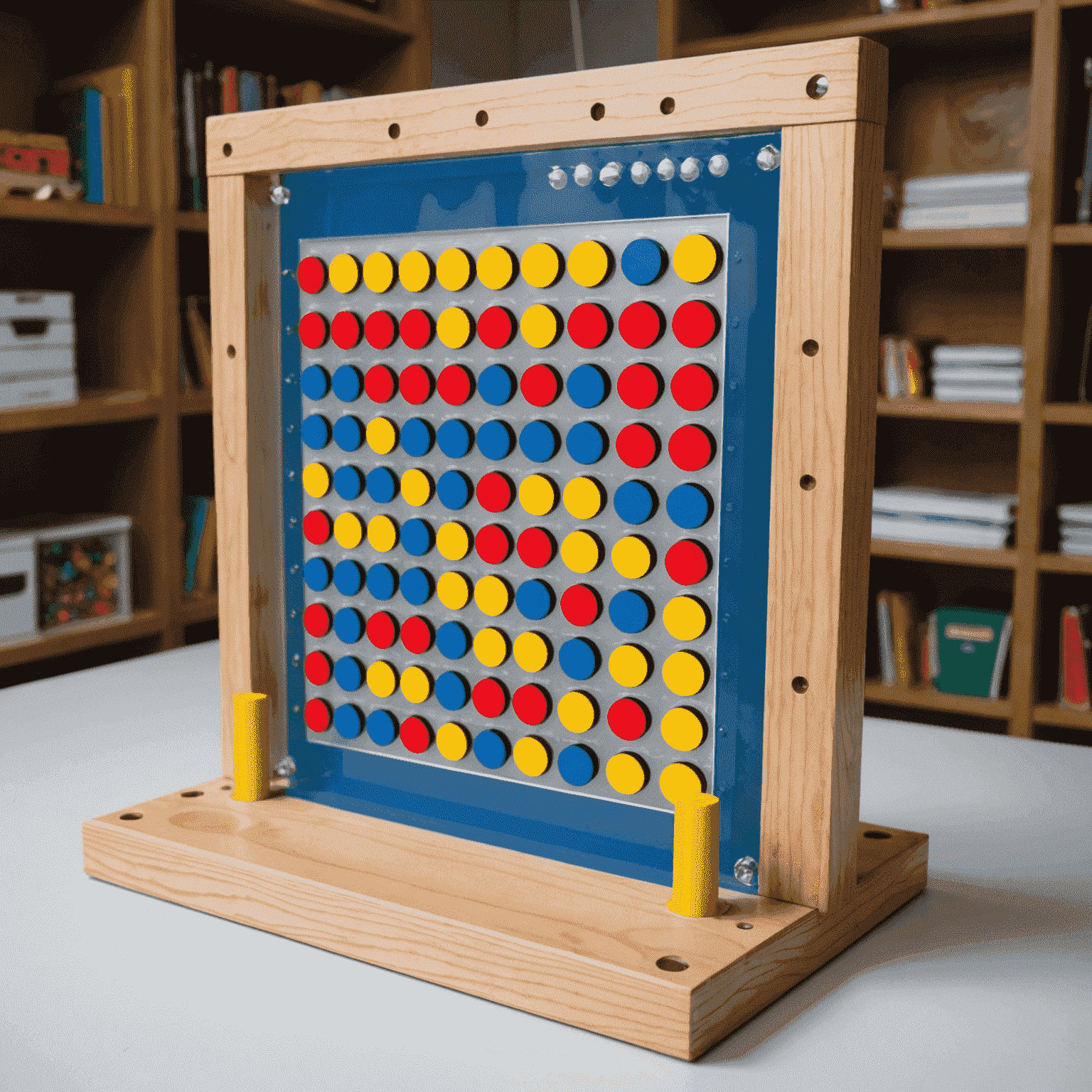 The finished Plinko board with painted scoring zones and a clear acrylic sheet being attached